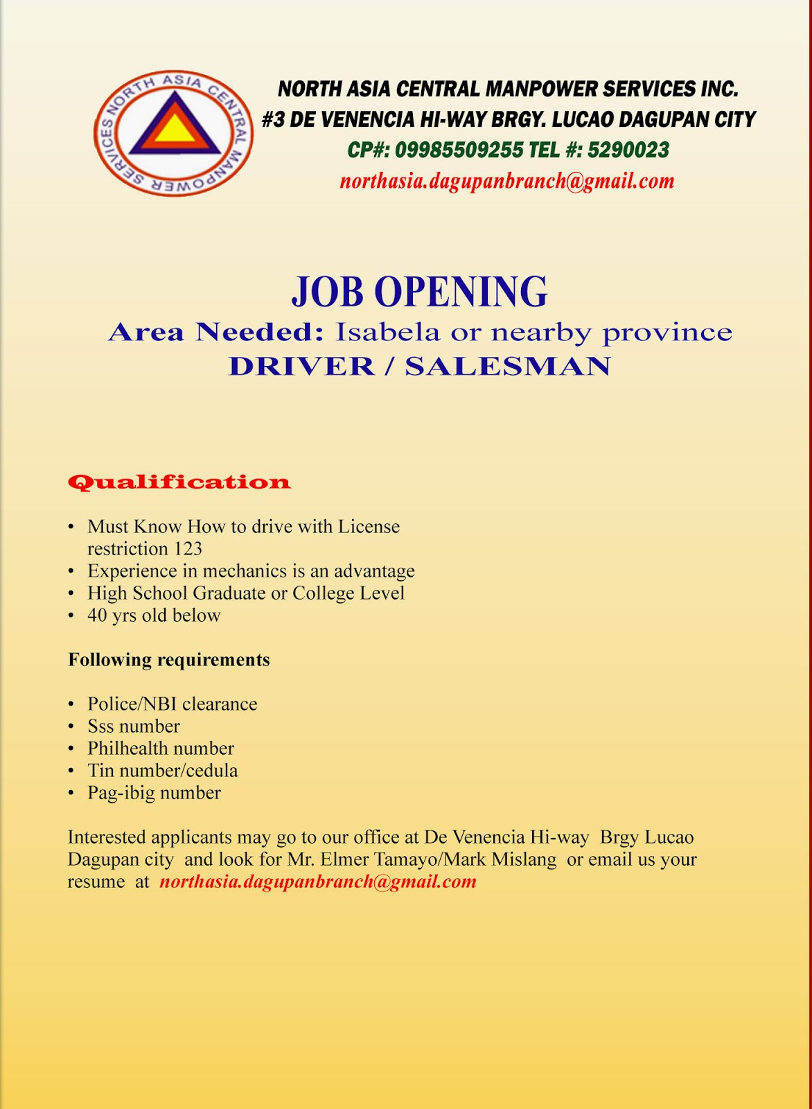 Jobs Opening Driver or Salesman Ilagan Isabela January 2015